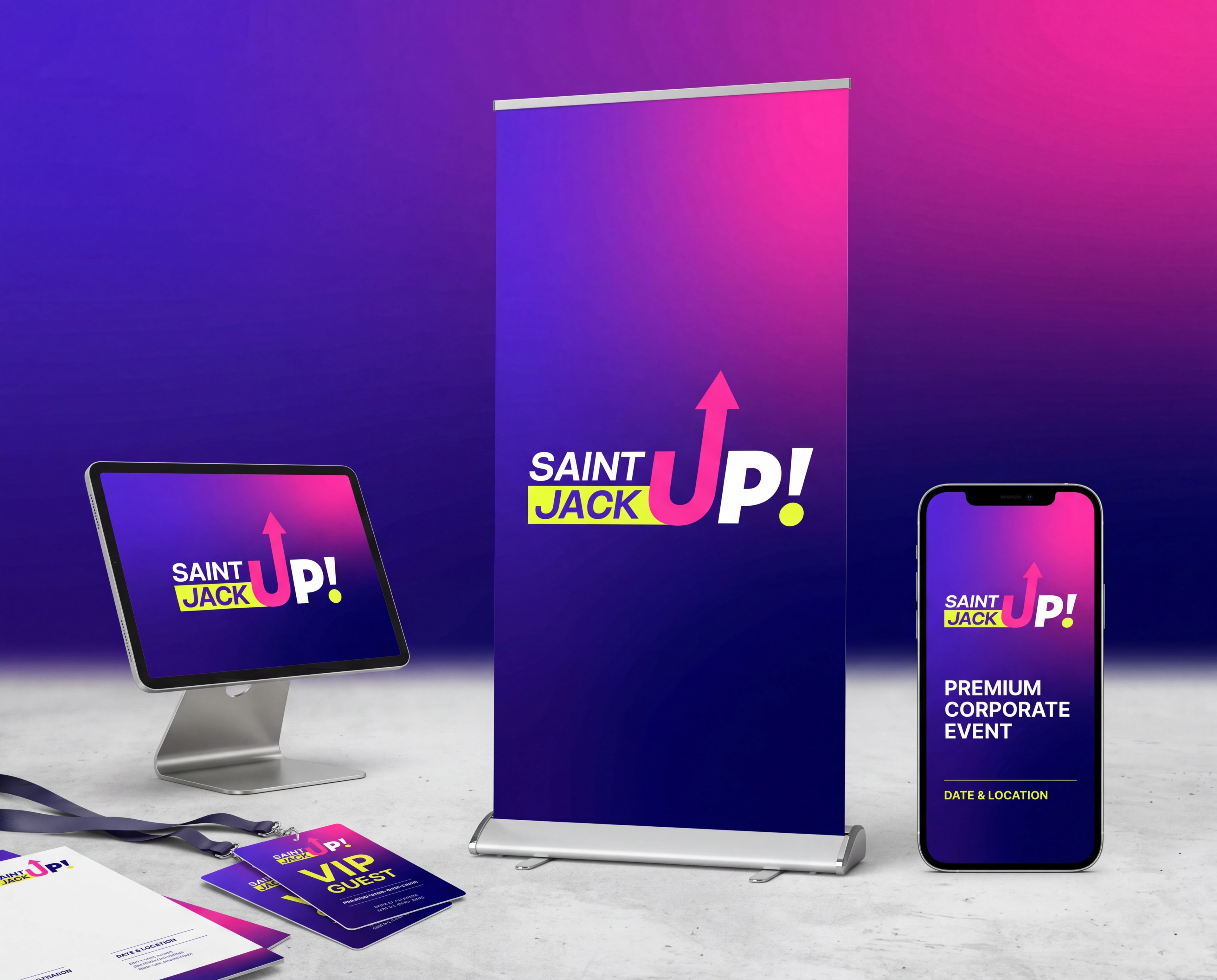 I materiali stampati di Saint Jack Up: roll-up, pass per gli ospiti e volantini, tutti con lo stesso marchio